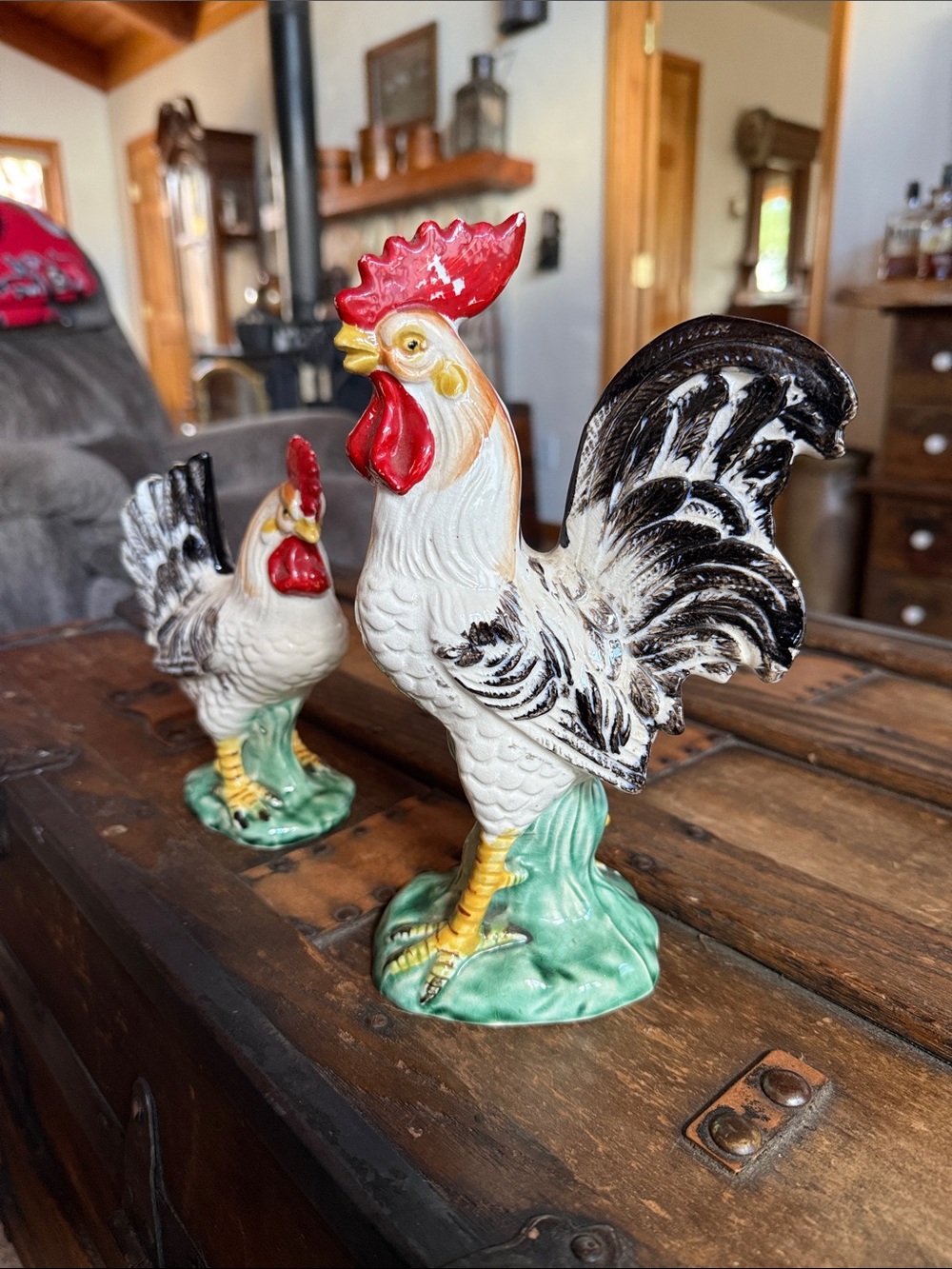 Vintage Ceramic Rooster Figurine Pair — White, Black, Red, Green Accents